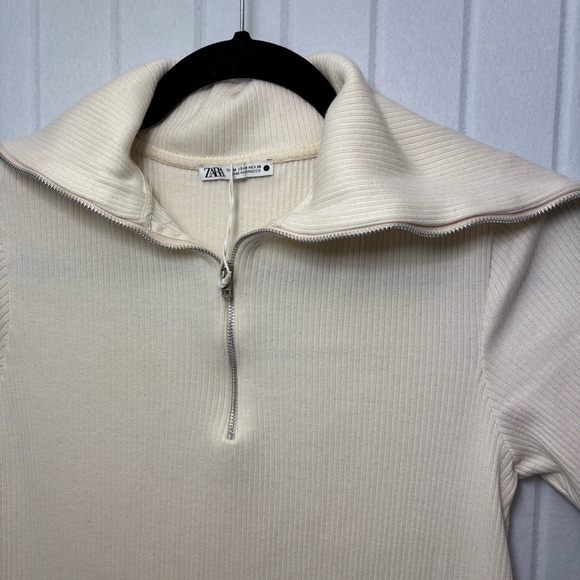 ZARA Sweater Dress Ivory Short Sleeves Quarter Zip Ribbed Knit Size Size M - Picture 3 of 11